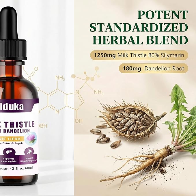 Organic Milk Thistle Liquid Drops with Dandelion Liquid, 80% Silymarin, 98% High Absorption, Liver Support, Vegan Gluten-Free GMO-Free, Extra Strength, 2 fl oz