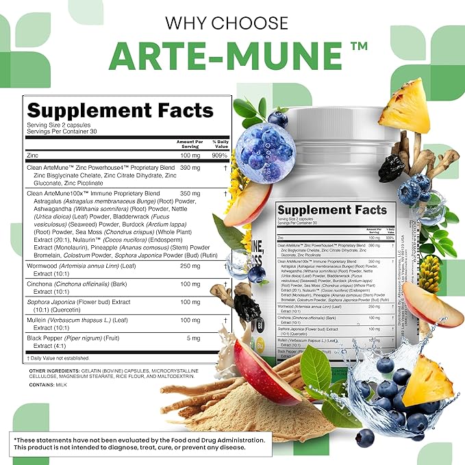 Clean Nutraceuticals Artemisinin Quercetin Zinc Mullein Quinine Supplement with Sea Moss Bromelain Ashwagandha Root Nettle Leaf Bladderwrack Burdock Root Monolaurin Colostrum Rutin