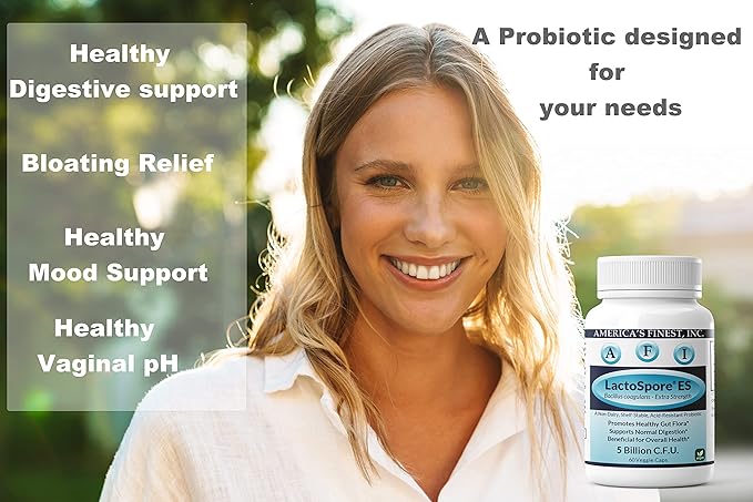 AFI LactoSpore® ES Spore Probiotic | 5B CFU Heyndrickxia Coagulans | Supports Gut, Digestive, Immune & Vaginal Health | Positive Mood Balance I Dairy, Gluten & Soy Free | Made in USA - 60 Capsules