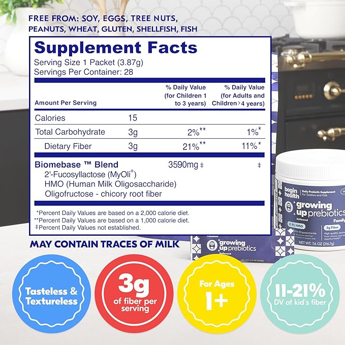 Begin Health Growing Up Prebiotics for Kids | Daily Prebiotic Fiber Supplement with 2'-FL HMO | Supports Regularity & Gut Health | Unflavored Powder | Ages 1+ | 56 Servings