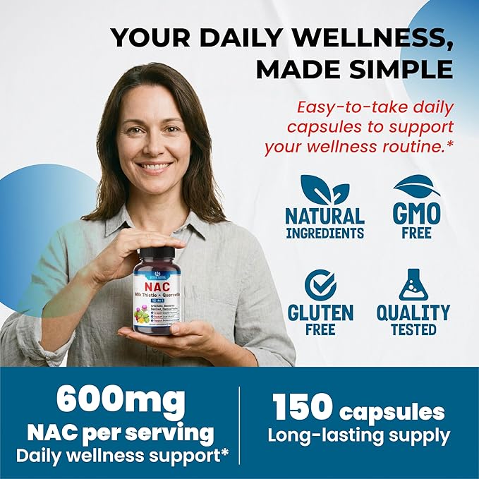 NAC Supplement N-Aetyl Cysteine Enriched with Milk Thistle, Quercetin - Support Immunity, Respiratory Health & Liver Detox | 150 Capsules