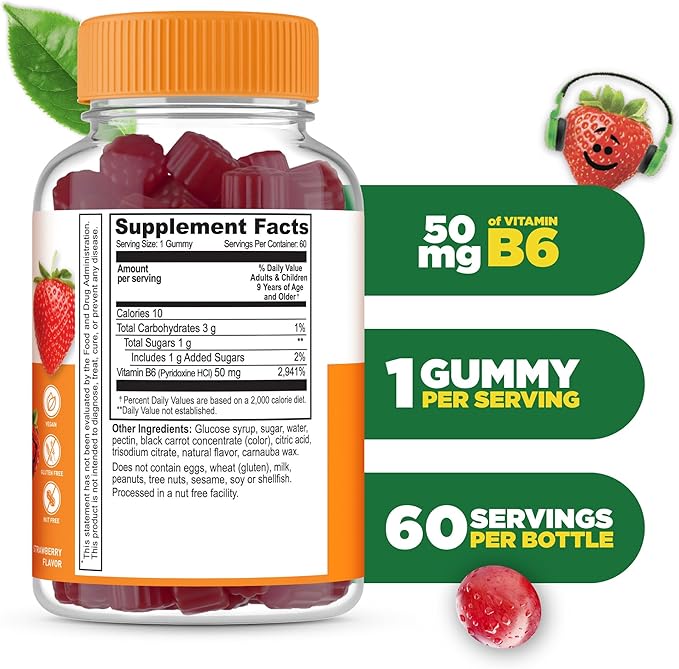 Lifeable Vitamin B6 Gummies for Kids | Great Tasting B6 Vitamins 50mg | Vegan Non-GMO Gluten Free | for Nerve Function Support | 60 Gummies (Pack of 2)