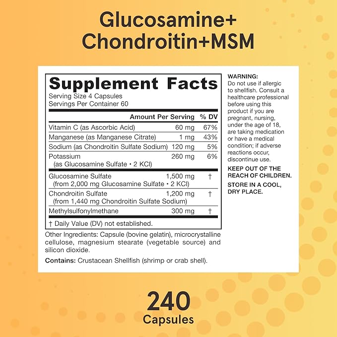 Jarrow Formulas Glucosamine, Chondroitin, and MSM Capsules; Joint Support Supplement with Vitamin C and Manganese, Bone & Joint Health, 240 Capsules, 60 Day Supply