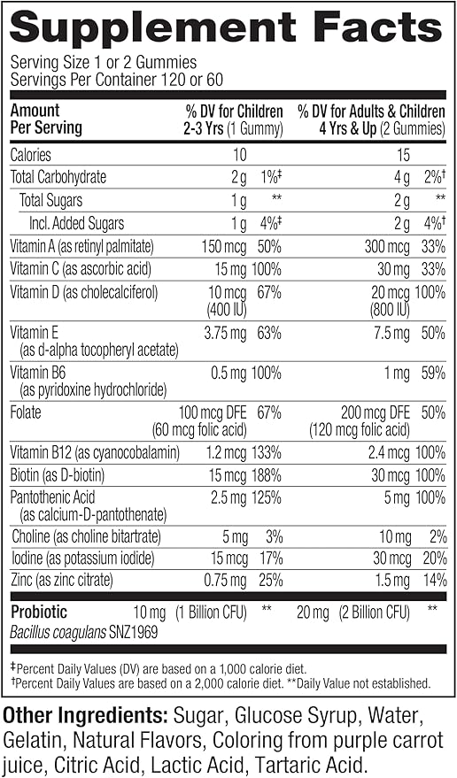 OLLY Kids Multivitamin & Probiotic Gummy,Digestive Support,Vitamins A,D,C,E,B,Zinc,Chewable Supplement,Berry Flavor,60 Day Supply -,120 Count (Pack of 2)