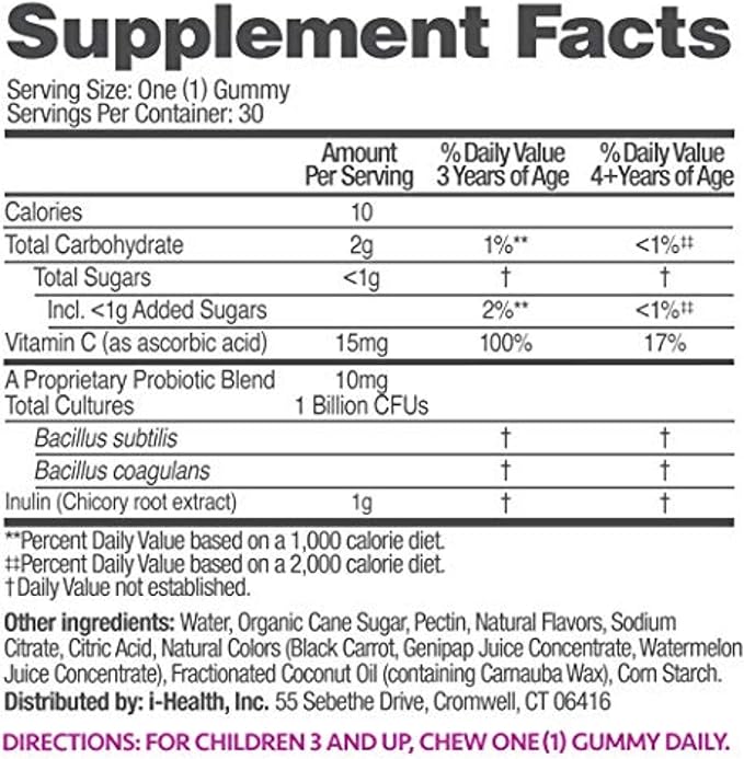 up4 Kids Probiotic Gummies, Digestive and Immune Support with Prebiotics and Vitamin C, Gelatin Free, Gluten Free and Non-GMO, For Ages 3+, 30 count