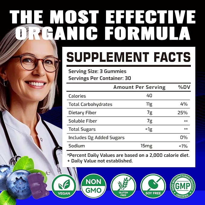 Prebiotic Fiber Gummies for Adults, 7G Extra Strength, Zero Sugar Added, 90 Pectin Based Gummies, Digestive Health & Regularity Support-Blueberry-2PACK