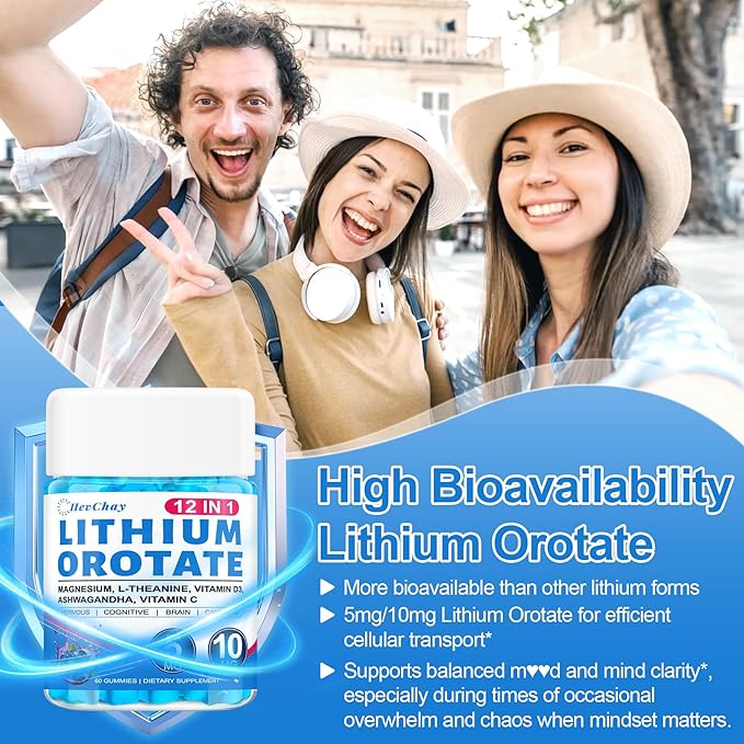 12-in-1 Lithium Orotate 5mg 10mg with Ashwagandha & L-Theanine, Lithium Orotate for Mood, Calm, Cognitive & Brain, High Bioavailability Trace Mineral, Lemon Balm, Magnesium Glycinate, 1 Pack