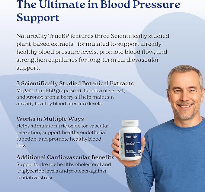 NatureCity True-BP | Supplements to Support Blood Flow for Heart Health | MegaNatural-BP 80mg 16% Oleuropein (60 Veggie Capsules) Non-GMO, Gluten Free