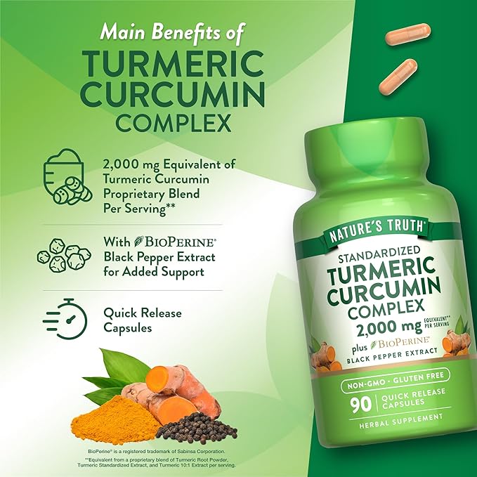 Nature's Truth Turmeric Curcumin Capsules | 90 Count | with 95% Standardized Curcuminoids and Bioperine | Non-GMO and Gluten Free Supplement