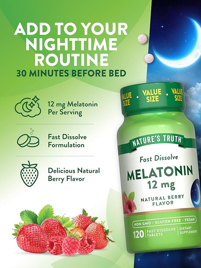 Nature's Truth Melatonin Tablets | 12mg | 120 Count | Natural Berry Flavor | Fast Dissolve | Vegan, Non-GMO & Gluten Free Supplement