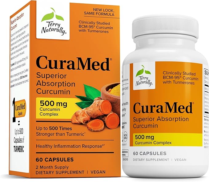 Terry Naturally CuraMed 500mg - Antioxidant Supplement for Brain & Immune Health Support - Supplement with Curcumin & Turmeric Essential Oil - Herbal Liver Support - 60 Capsules