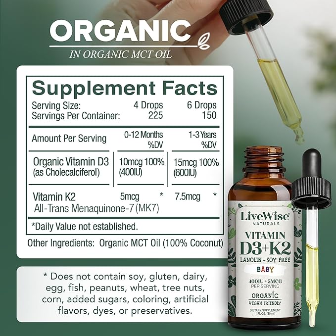 Vitamin D3 K2 Drops for Babies - Concentrated Formulation, 225 Servings at 400 IU, 5 MCG (MK-7), Micro-Dose Dropper, Gentle Daily Supplementation, Early Development & Precise Dosing