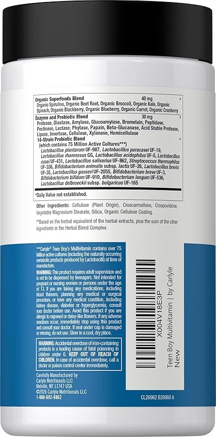 Carlyle Teen Multivitamin for Boys | 60 Caplets | Once Daily | Easy to Digest with Probiotics & Enzymes | with Iron | Non-GMO, Gluten Free