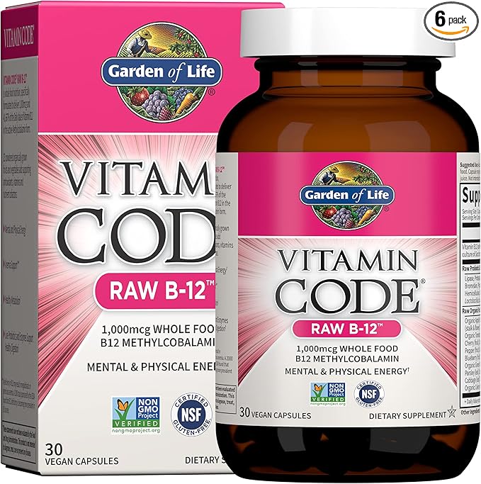 Garden of Life Vitamin Code Raw B-12-30 Capsules, 1,000mcg Whole Food B12 Methylcobalamin for Energy, Vegan Methylcobalamin Vitamin Plus Probiotics and Enzymes, Gluten Free Supplements (Pack of 6)