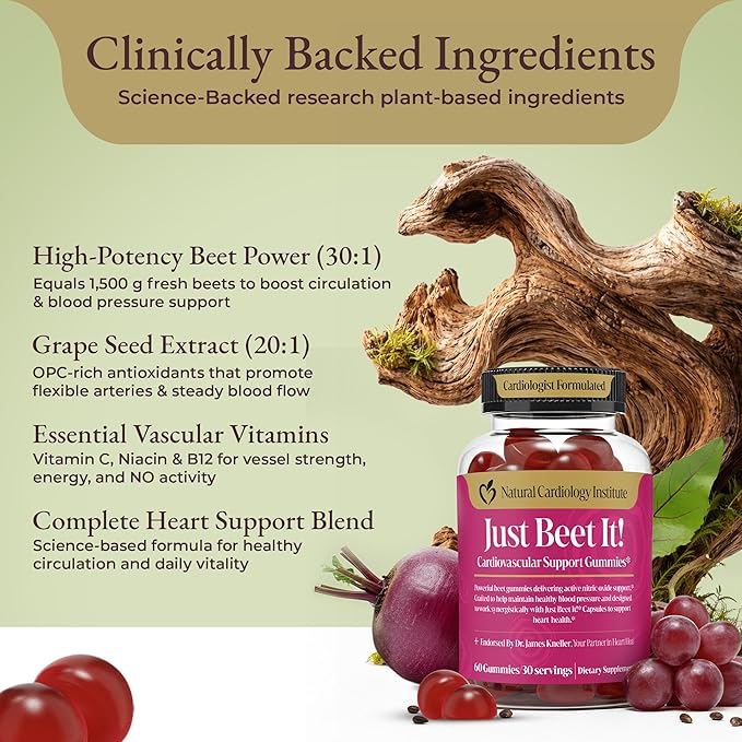 Just Beet It! Beet Root Gummies - Blood Pressure & Circulation Support Beet Gummies - Nitric Oxide Booster with CoQ10 & Grape Seed Extract - Heart Health & Energy for Men & Women - 60 Beet Chews