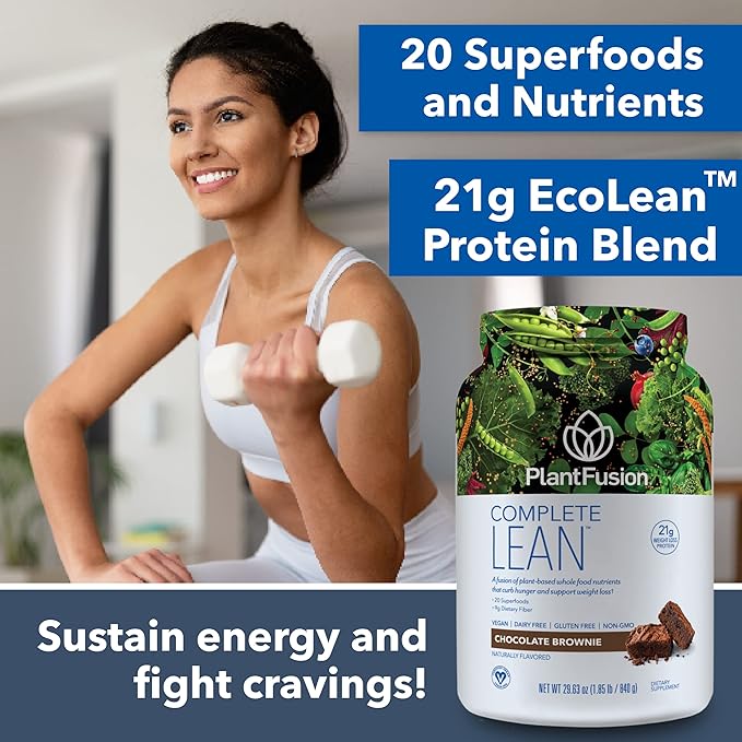 PlantFusion Complete Lean Plant Based Protein Powder - Prebiotic Fiber, Superfoods & Digestive Enzymes - Vegan, Gluten Free, Soy Free, Non-GMO - Chocolate Brownie 1.85 lb