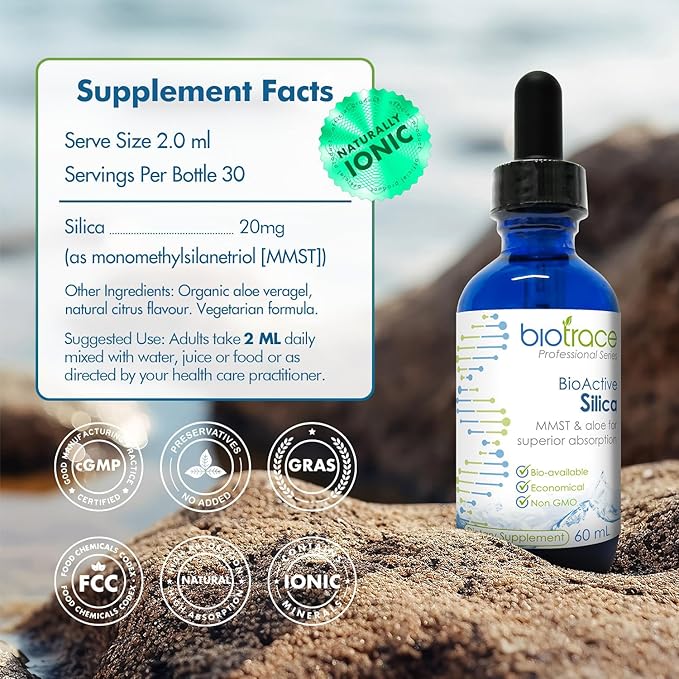 Biotrace BioActive Silica Drops | Liquid Mineral Concentrate for Healthy Hair, Skin, Nails and Collagen Production | Helps Manage Calcium, Joint and Bone Function | 2.02 Fl Oz