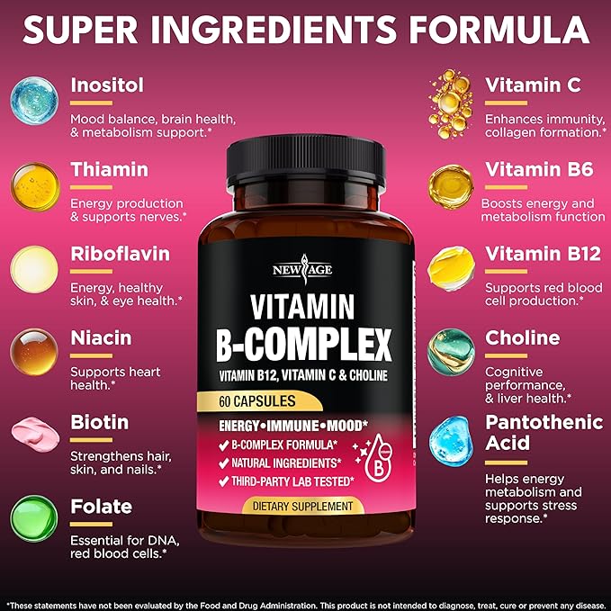 Vitamin B Complex for Men & Women - Made in USA - B-Complex: B1, B2, B3, B5, B6, B7, B8, B9, B12 with Vitamin C, Choline, Inositol - Energy, Brain & Heart Support Supplement - 60 Vegan Capsules