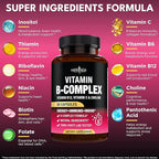 Vitamin B Complex for Men & Women - Made in USA - B-Complex: B1, B2, B3, B5, B6, B7, B8, B9, B12 with Vitamin C, Choline, Inositol - Energy, Brain & Heart Support Supplement - 180 Vegan Capsules