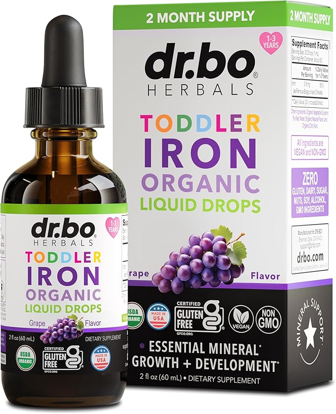 Iron Supplement for Toddlers & Kids - Organic Liquid Iron Drops for Kids, Toddler, Baby, Infant, Toddlers Supplements Ages 1-3 - Organic Vegan Toddler Liquid Drops Supplement, Gluten Free, Non-GMO 2oz