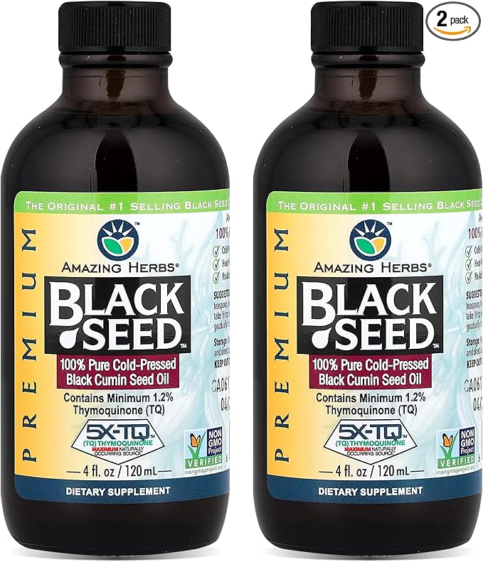 Amazing Herbs Premium Black Seed Oil - Gluten Free, Non GMO, Cold Pressed Nigella Sativa Aids in Digestive Health, Immune Support, Brain Function, Joint Mobility - 4 Fl Oz (Pack of 2)