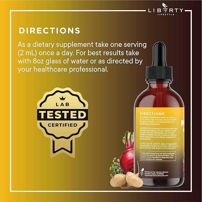 Organic Maca Root Liquid Drops with Ashwagandha, Nettle, Fenugreek, Beet Root and L-Arginine Liquid Multivitamin for Women and Men - 8oz