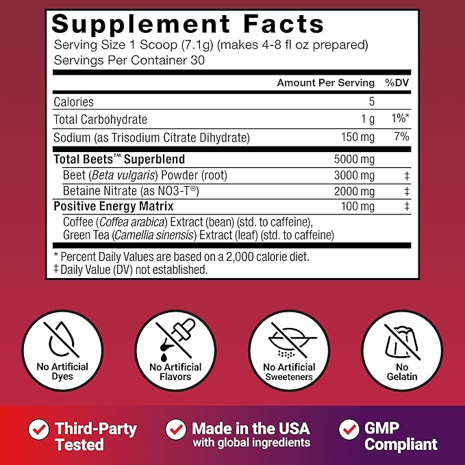 Force Factor Total Beets Energy Drink Mix, Superfood Beet Root Powder with Nitrates to Boost Energy and Support Circulation, Blood Flow, Nitric Oxide and Stamina, Heart Health Supplement, 30 Servings