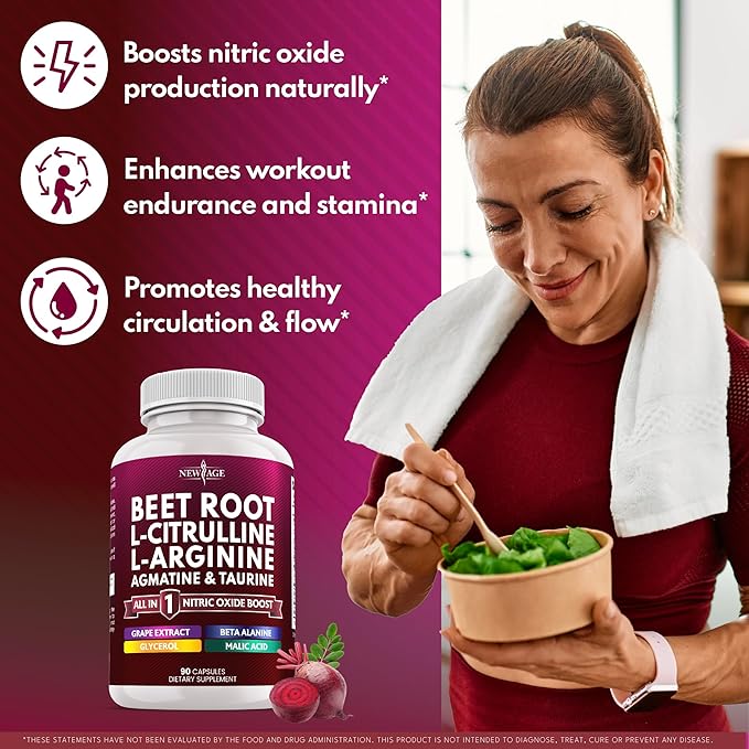 NEW AGE Beet Root Capsules - L Arginine, L Citrulline, Nitric Oxide, Beetroot Powder, Arginine, Citrulline Supplement – 90 Vegan Capsules