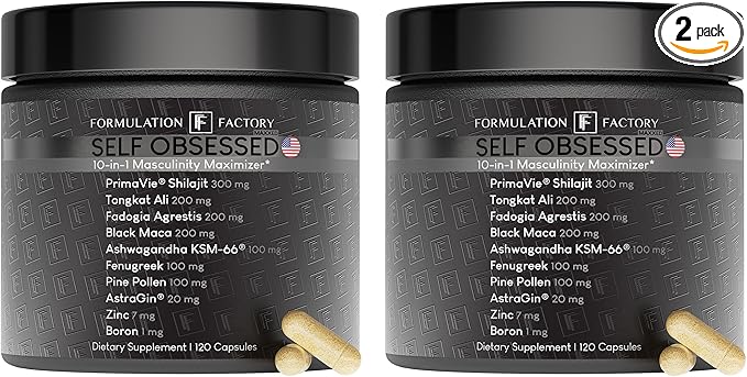 Formulation Factory Self Obsessed Maxxed Male Support - PrimaVie Shilajit, KSM-66 Ashwagandha & 200:1 Tongkat Ali Extract - Advanced Vitality & Drive Complex - 240 Capsules, 4 Month Supply