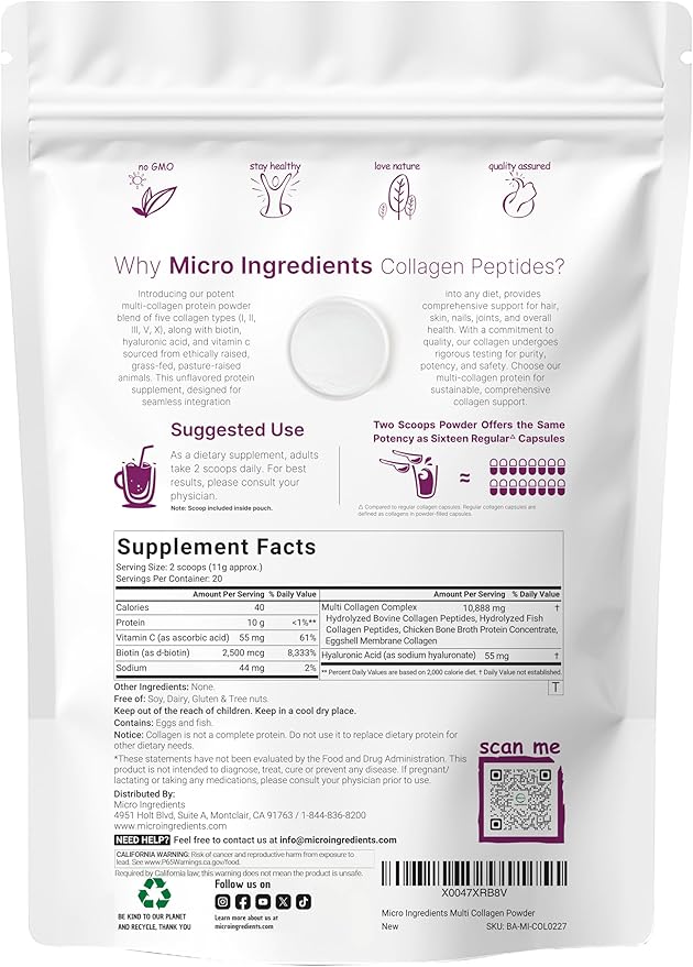 Micro Ingredients Multi Collagen Peptides Powder, 8oz – Hydrolyzed Type I,II,III,V,X with Biotin, Hyaluronic Acid, Vitamin C – Unflavored Collagen for Women & Men, Easy Dissolve, 20 Servings