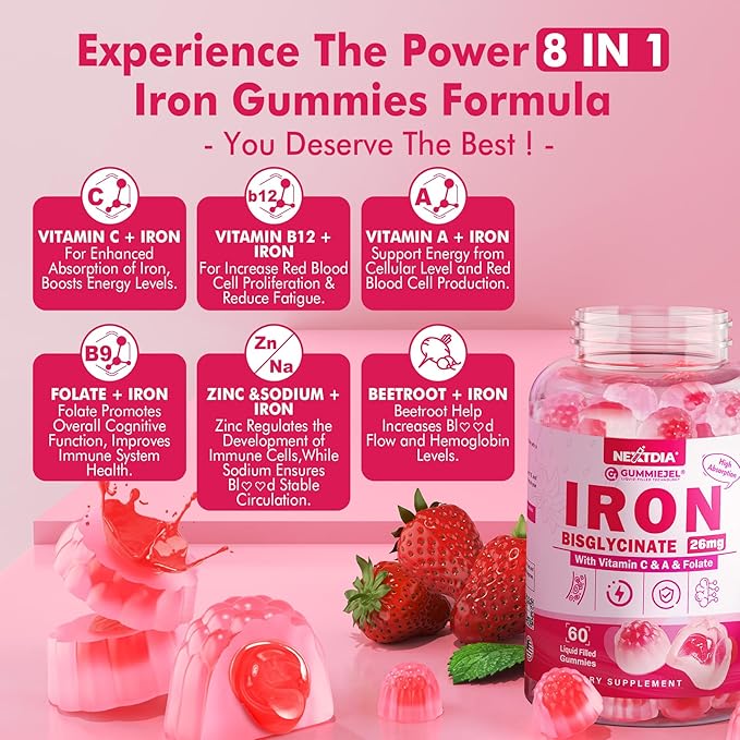 Iron Bisglycinate 26mg Filled Gummies- Gentle Beet Root Iron Gummy plus Vitamin C, Supplement Iron with B12 & Folate for Women & Men, Iron Deficiency, Immune & Energy Support, Sugar-Free, Vegan,120Cts