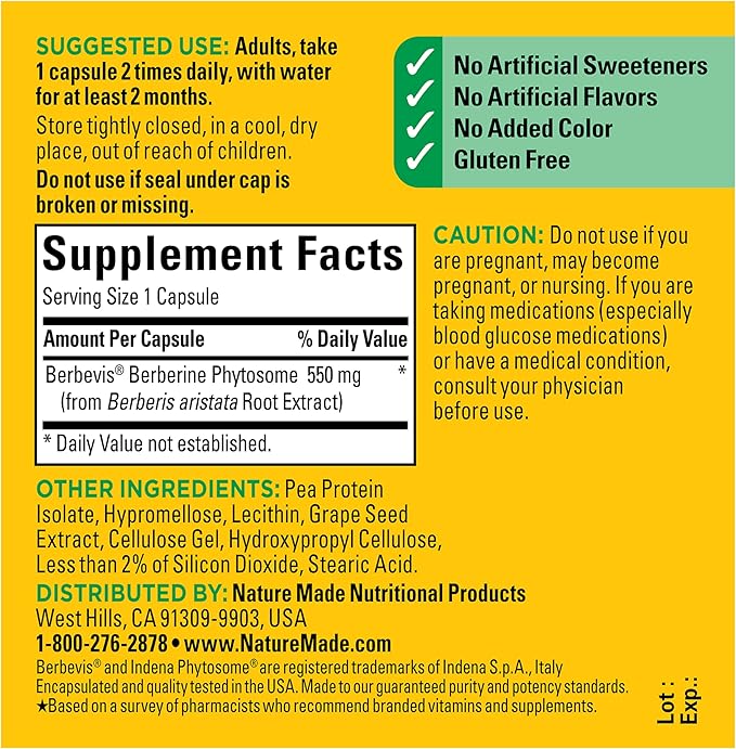 Nature Made Better Absorption Berberine Phytosome Supplement, 1100mg Per 2 Capsules Daily, Berberine Supplement for Cardiovascular Health Support, 60 Capsules, 30 Day Supply