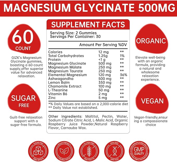 Magnesium Glycinate Gummies 500mg – Sugar Free Magnesium Gummies for Sleep, Stress, Muscle & Nerve Support – for Adults & Kids 4+, Vegan, No Melatonin - Raspberry Flavor