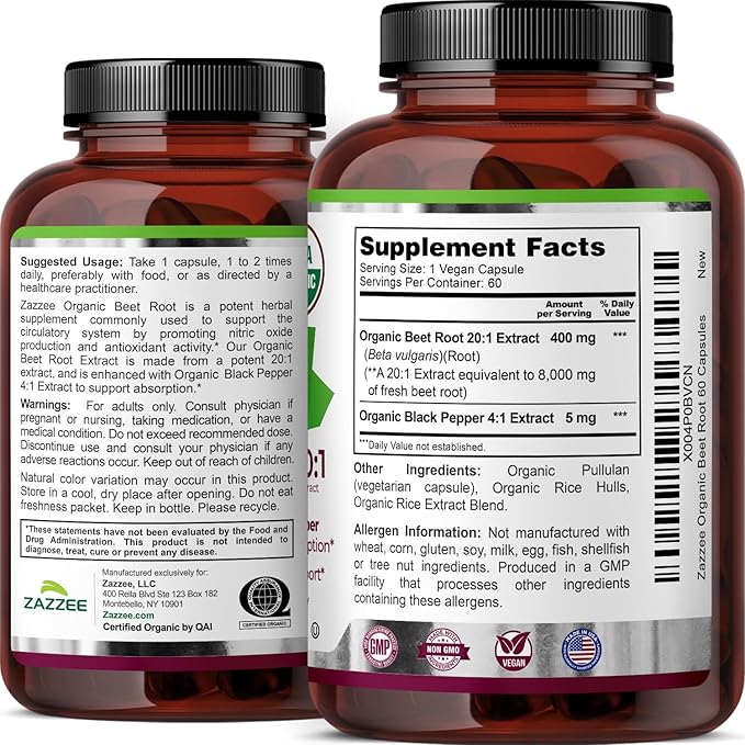 Zazzee USDA Organic Beet Root 20:1 Extract, 60 Vegan Quick Release Capsules, 2 Month Supply, Nitric Oxide Support, Black Pepper Extract for Enhanced Absorption, Certified Kosher, Non-GMO, Made in USA