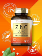 Carlyle Zinc 50mg | 300 Tablets | Vegetarian, Non-GMO, and Gluten Free Supplement | Zinc Gluconate | High Potency Formula