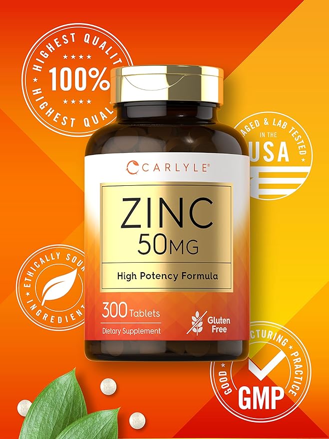 Carlyle Zinc 50mg | 300 Tablets | Vegetarian, Non-GMO, and Gluten Free Supplement | Zinc Gluconate | High Potency Formula