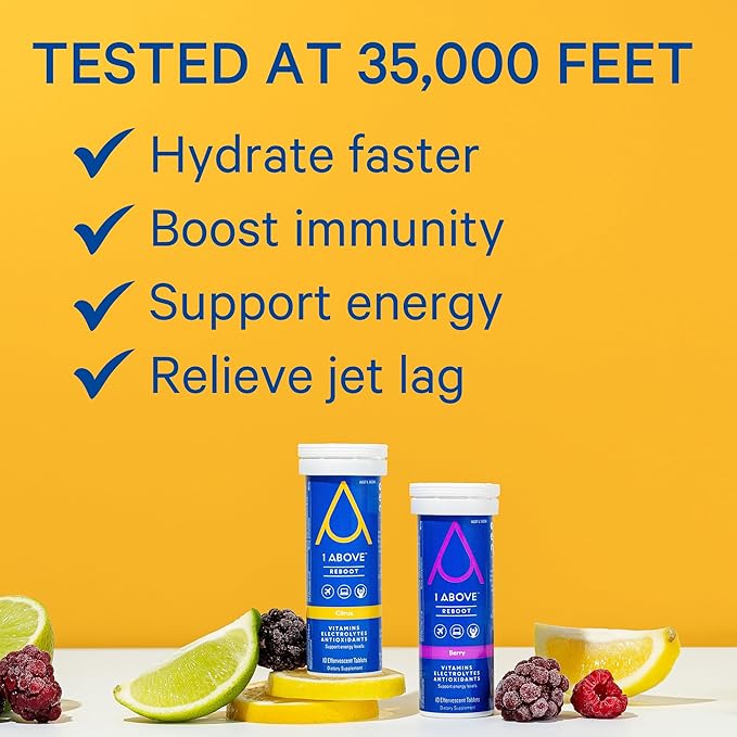 1ABOVE Jet Lag Relief Effervescent Multivitamin with Pycnogenol Travel Supplement for Hydration, Energy, Immune Support and Faster Recovery - Flight Essential - Citrus 20 Count and Berry 20 Count