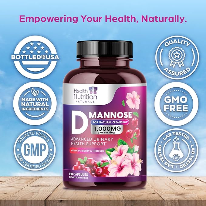 D-Mannose Supplement - 1,000mg D Mannose Per Serving with Cranberry, Hibiscus & Dandelion - Fast-Acting, Natural Urinary & Bladder Support for Women & Men – Flush & Cleanse Impurities – 180 Capsules