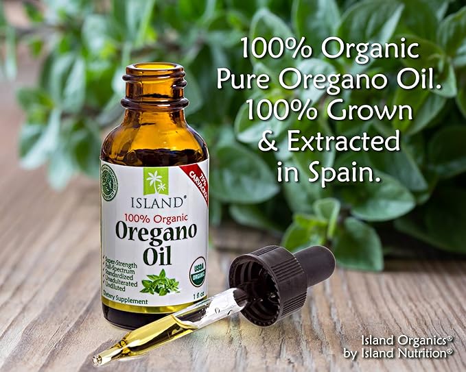 Island Nutrition, Oregano Oil Organic Liquid Drops - 100% Pure & Undiluted - USDA-Certified Organic (1 oz) 75% Carvacrol - Grown in Spain - Immune Support Supplement with Oil of Oregano.