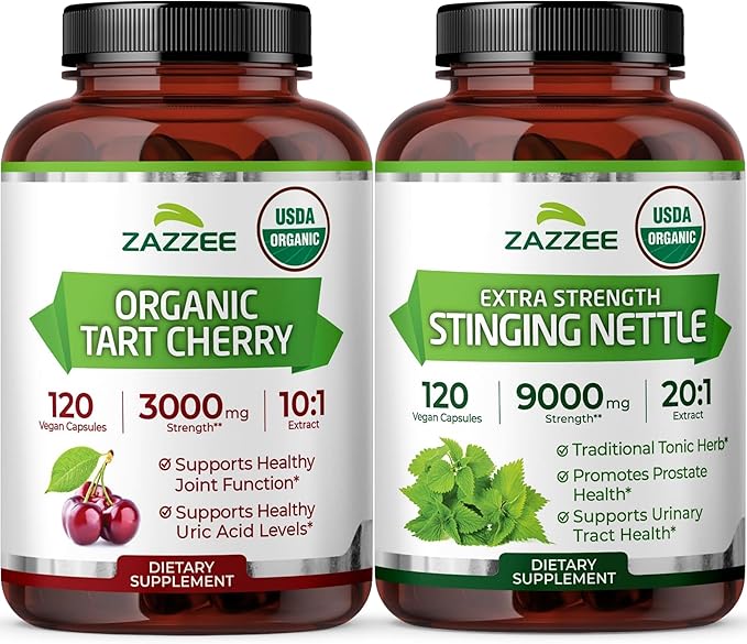 Zazzee Herbal Uric Acid Cleanse Bundle | USDA Organic 20:1 Stinging Nettle Extract Capsules Plus Organic Super Concentrated 10:1 Tart Cherry Extract Capsules | Non-GMO Vegan & ISO Lab Tested