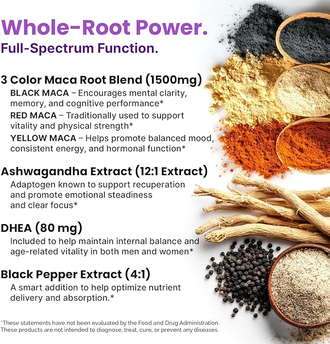6-in-1 Organic Maca Root Ashwagandha Capsules 1710mg with DHEA and Black Pepper Fruit Extract for Women and Men - Black Maca Supplement for Stamina, Bone and Mood Support Supplement, 120ct (Pack of 3)