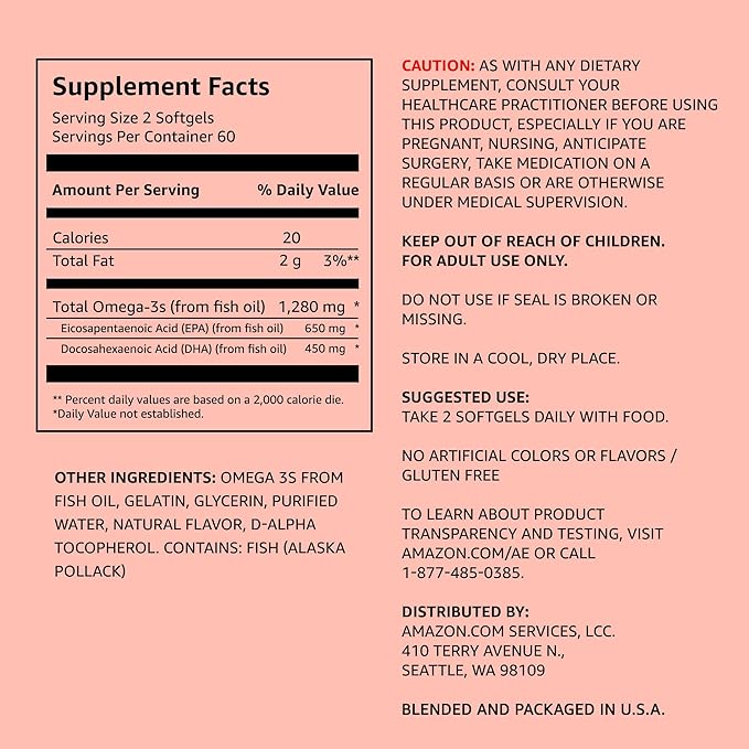 Amazon Elements Super Omega-3, Wild-Caught Fish Oil, Natural Lemon Flavor, EPA & DHA Omega-3 Fatty Acids, 1280 mg per Serving, 120 Softgels (Packaging may vary)