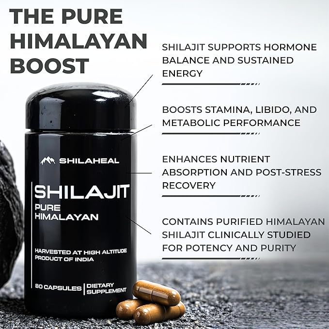 Natural Himalayan Shilajit Capsules - High Fulvic Acid & 85+ Trace Minerals, Lab-Tested for Purity, Natural Supplement for Immune Support & Cognitive Health, 60 Vegan Capsules