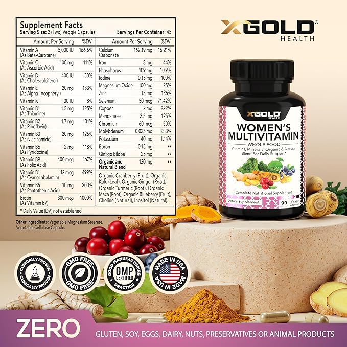 Vegan Women's Daily Multivitamin 50 Plus with Organic WholeFood Based Natural Ingredients, Ginger, Maca, Multi-Vitamin B Complex & More - Energy Support, Immune System Booster -90 Capsules