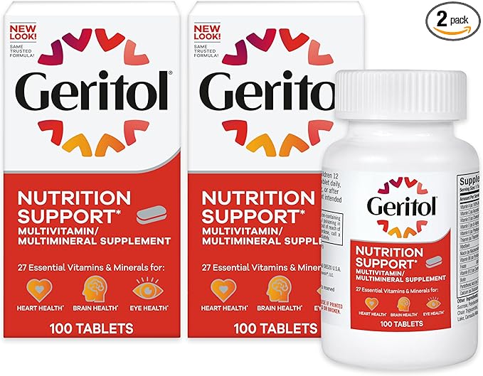 Geritol, Multivitamin Supplement, Contains B-Vitamins, Antioxidants, Vitamins C, E & D and Iron, 27 Essential Vitamins and Minerals, Gluten-Free, Non-GMO, No Artificial Sweeteners, 100 Tablets, 2 Pack