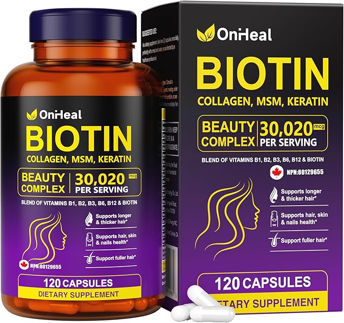 Biotin, Collagen, Hyaluronic Acid and Keratin Complex OnHeal Hair Regrowth Vitamin 30020mg - 120 Capsules for Thick Hair, Moisturized Skin, Strong Nails