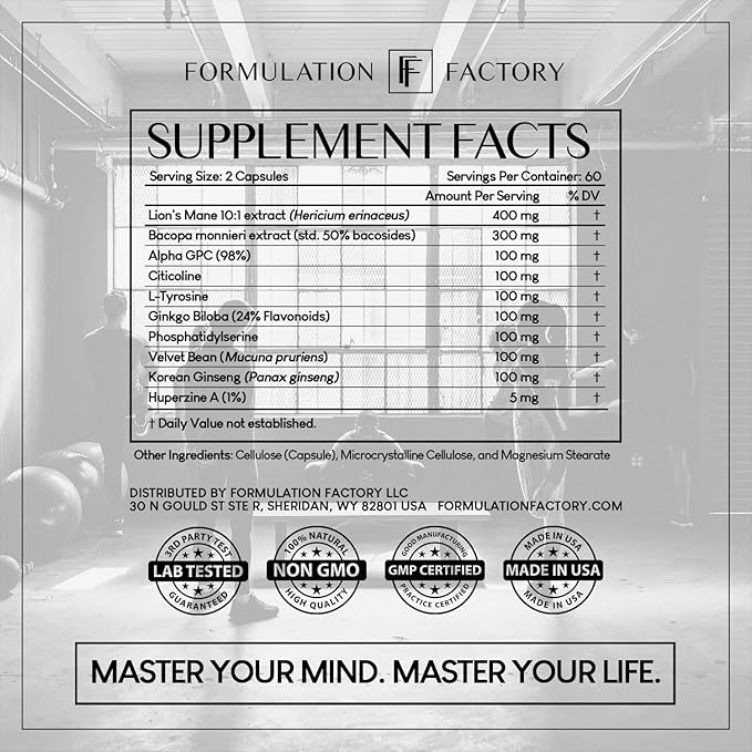 Formulation Factory BOSS Mode 10-in-1 Nootropic Cognitive Enhancement Supplement, Focus & Memory Booster, Featuring Lion’s Mane, Bacopa Monnieri, Alpha-GPC, Ginseng & More 240 Capsules (2 Pack)