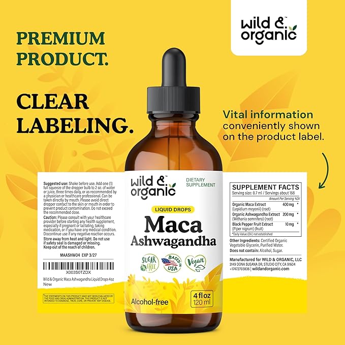 Wild & Organic Maca Root Ashwagandha Drops for Men and Women - Liquid Maca Ashwagandha Supplement for Overall Support - Peruvian Extract Tincture - Vegan, Sugar & Alcohol-Free - 4 fl oz