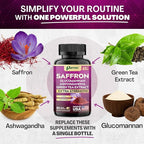Saffron Supplement with Glucomannan, Ashwagandha, Green Tea Extract, Zeaxanthin & Lutein, Vision Support & Daily Wellness Formula, Extra Strength Plant-Based Capsules, 6 Month Supply (3 Pack)