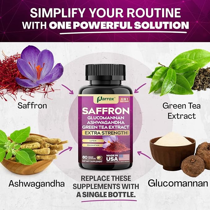 Saffron Supplement with Glucomannan, Ashwagandha, Green Tea Extract, Zeaxanthin & Lutein, Vision Support & Daily Wellness Formula, Extra Strength Plant-Based Capsules, 4 Month Supply (2 Pack)